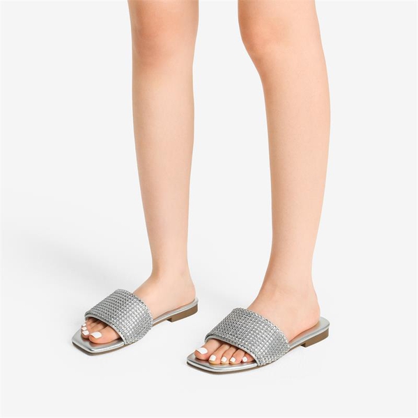 Rhinestone Sparkly Slip on Slides - SILVER - 1